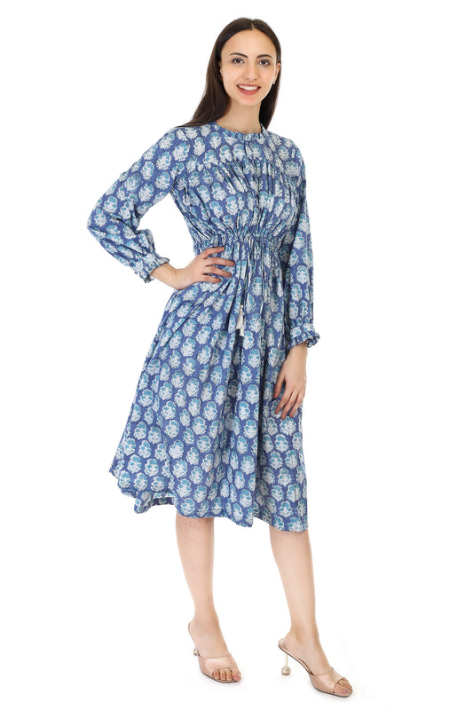 Leela, block printed calf length dress