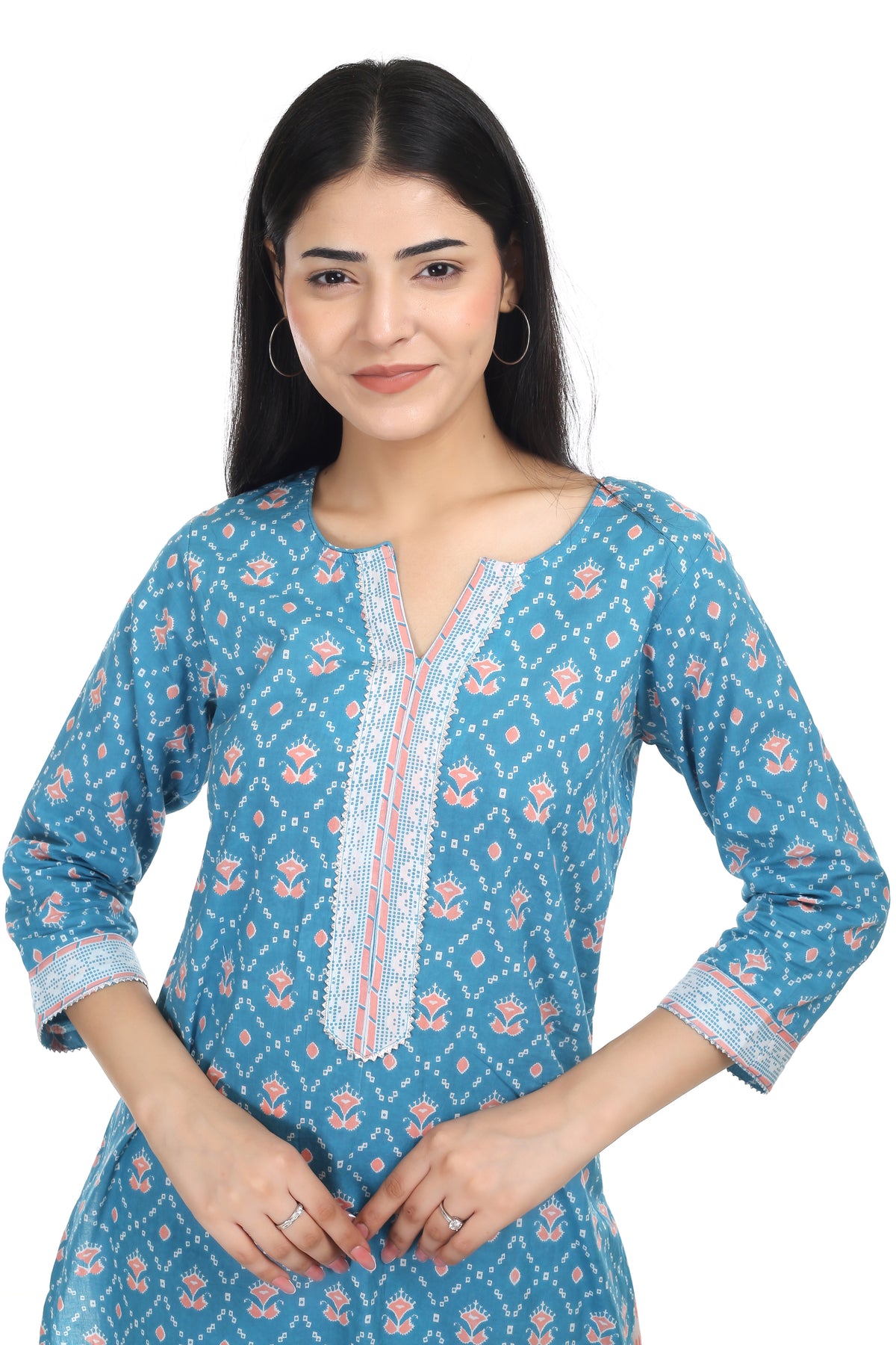 Sea Green Jaipuri Printed Cotton Suit Set with Mulmul Dupatta & Cotton Pants