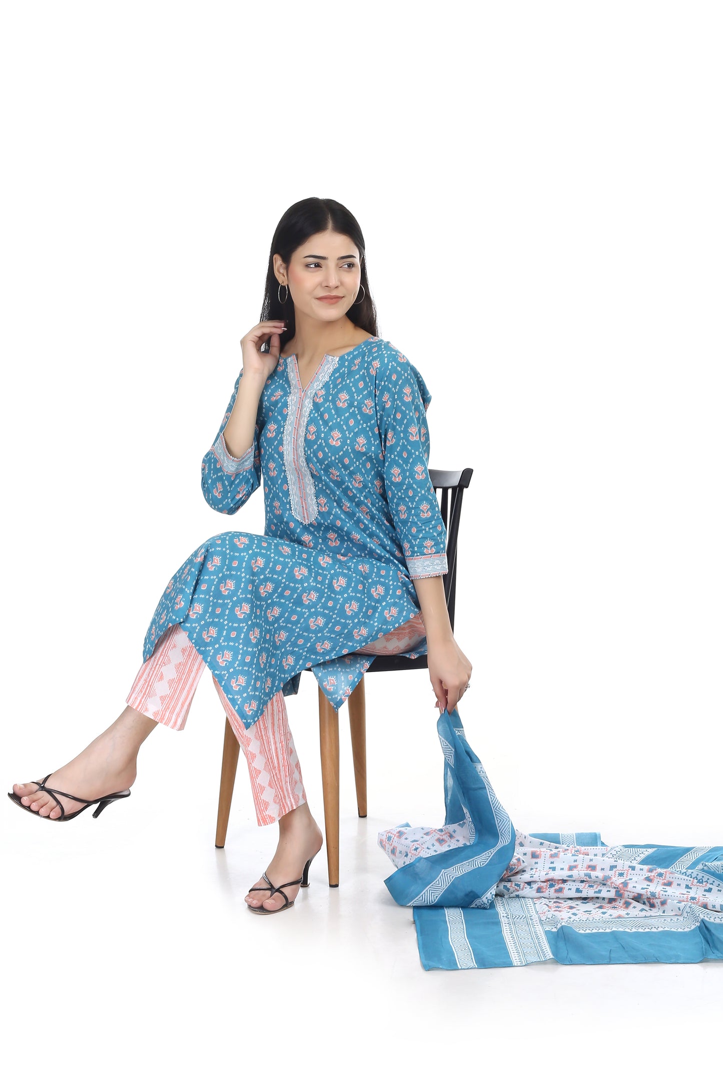 Sea green Jaipuri printed cotton suit set, with mul-mul dupatta and cotton pant