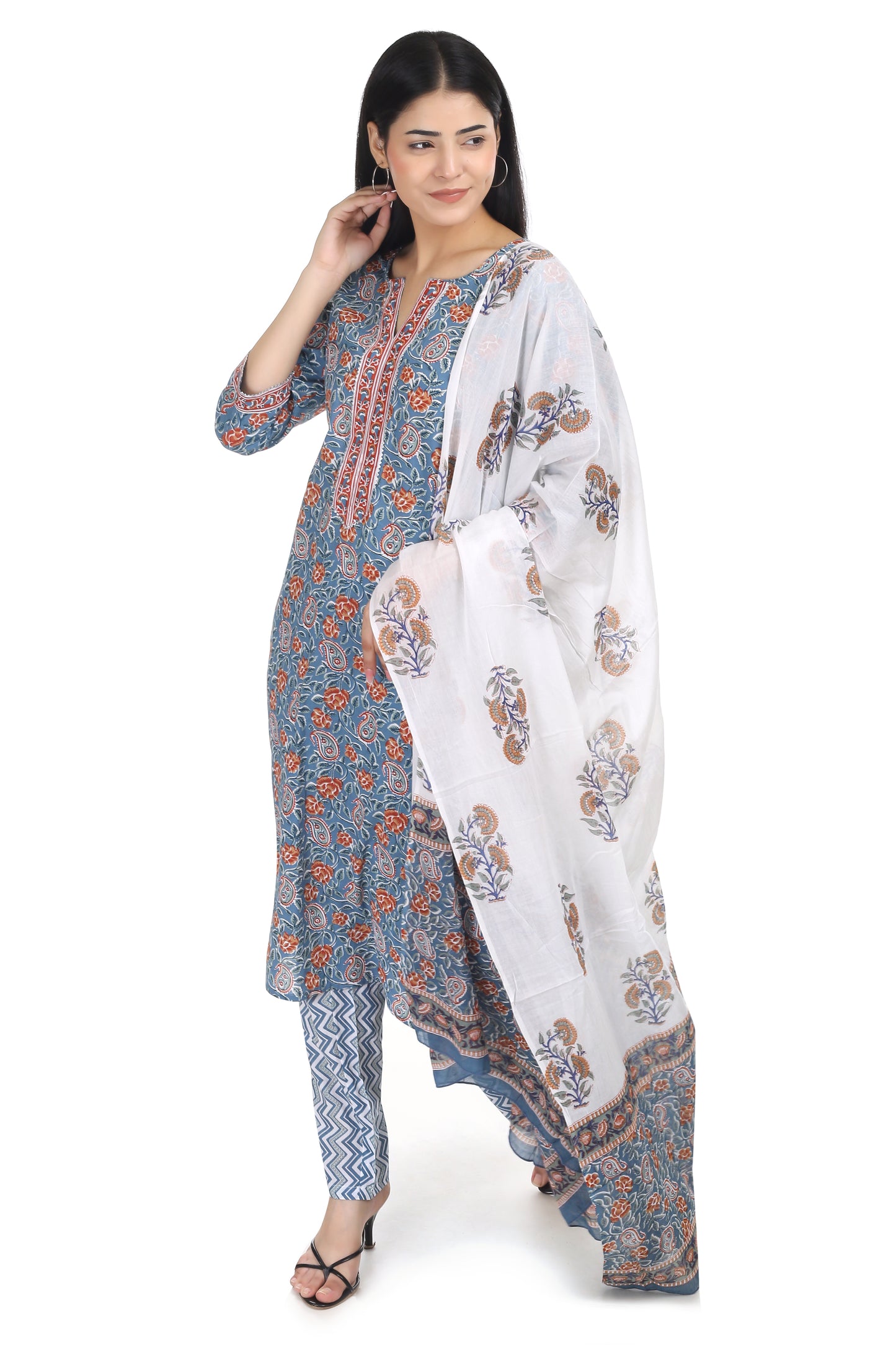 Jaipuri printed cotton suit set, with mul-mul dupatta and cotton pant