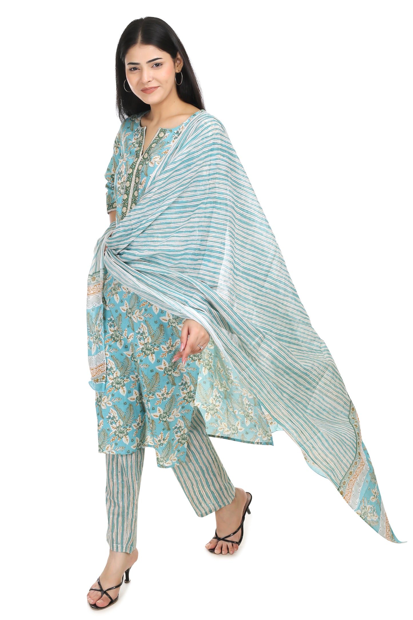 sky blue Jaipuri printed cotton suit set, with mul-mul dupatta and cotton pant