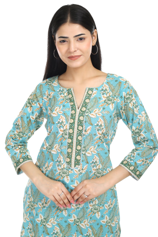 sky blue Jaipuri printed cotton suit set, with mul-mul dupatta and cotton pant
