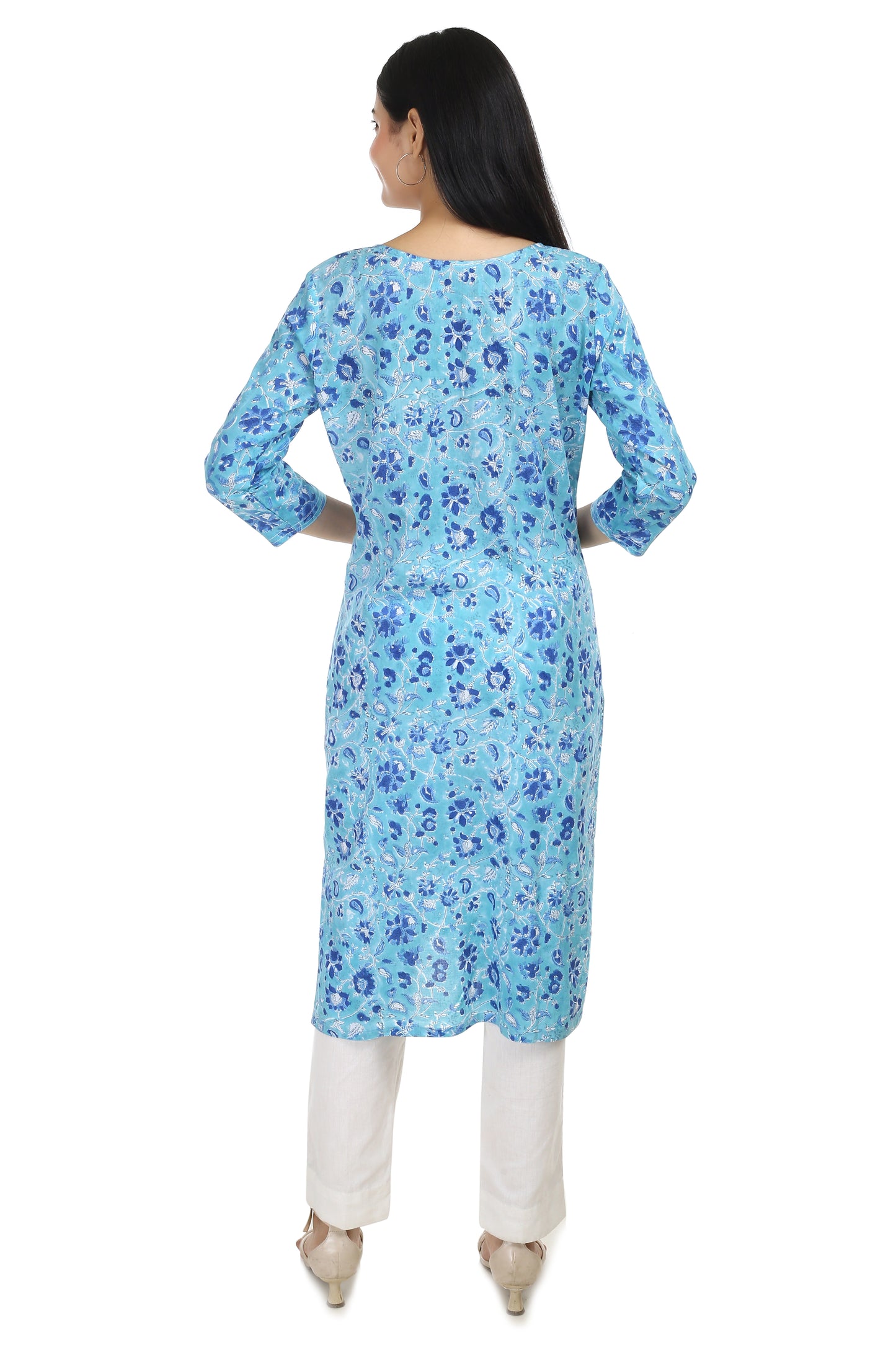 Dhriti, sky blue, straight-fitting kurta with hand embroidery around the neck