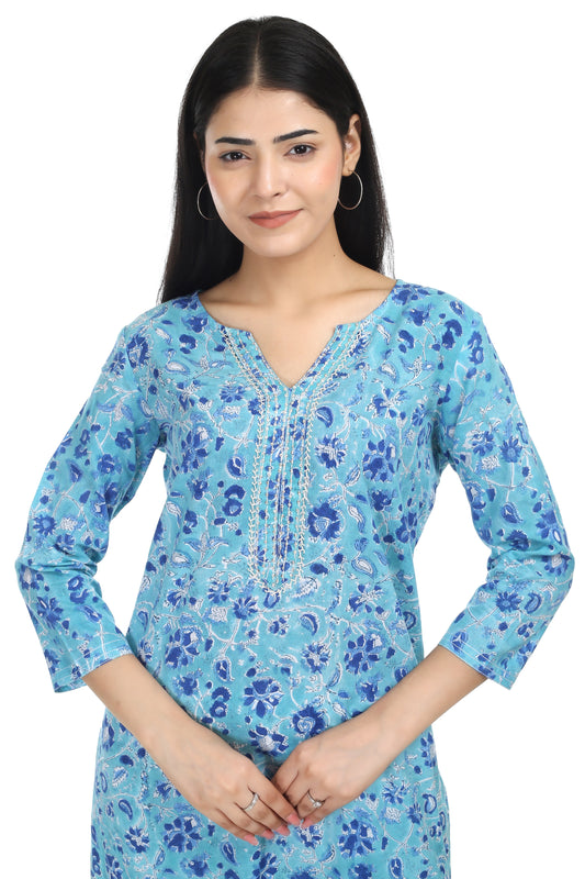 Dhriti, sky blue, straight-fitting kurta with hand embroidery around the neck