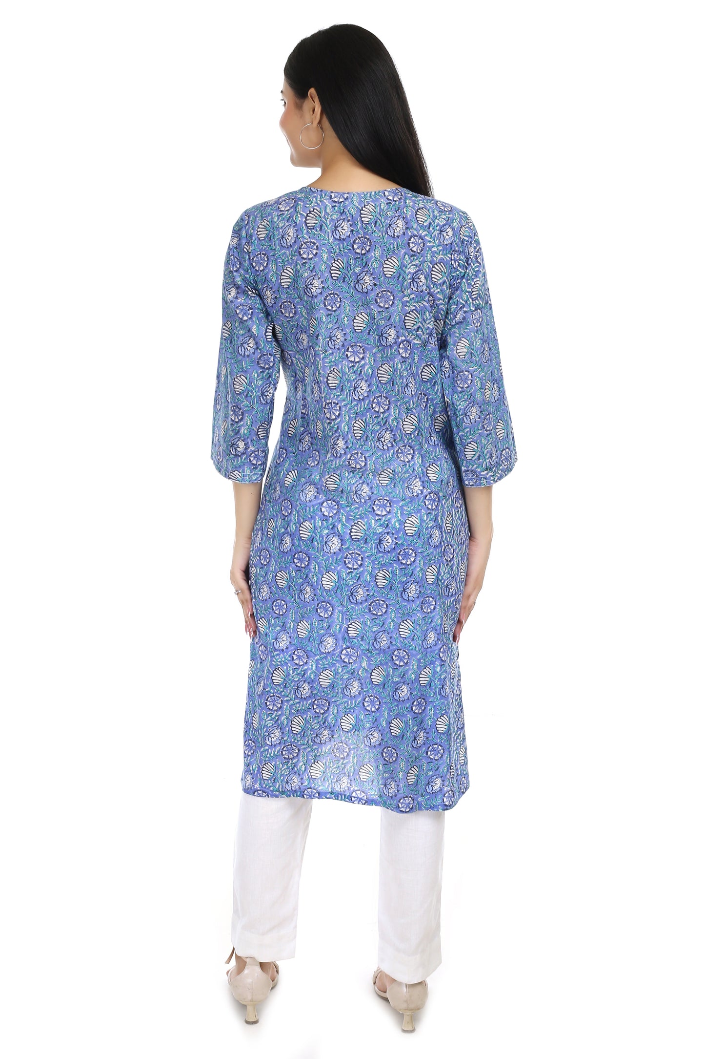 Dhara, sky blue hand blocked straight fit kurta