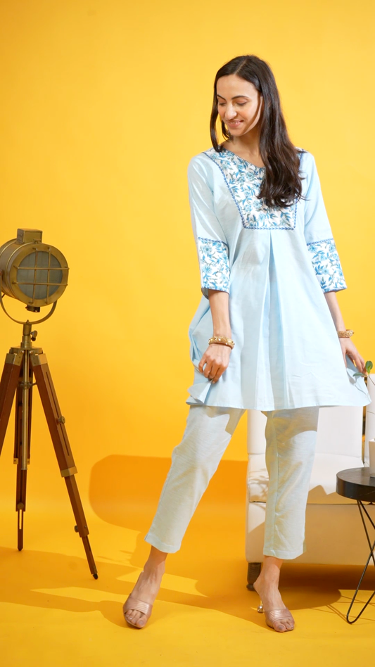 Sky-blue Linen Patchwork Co-ord Set