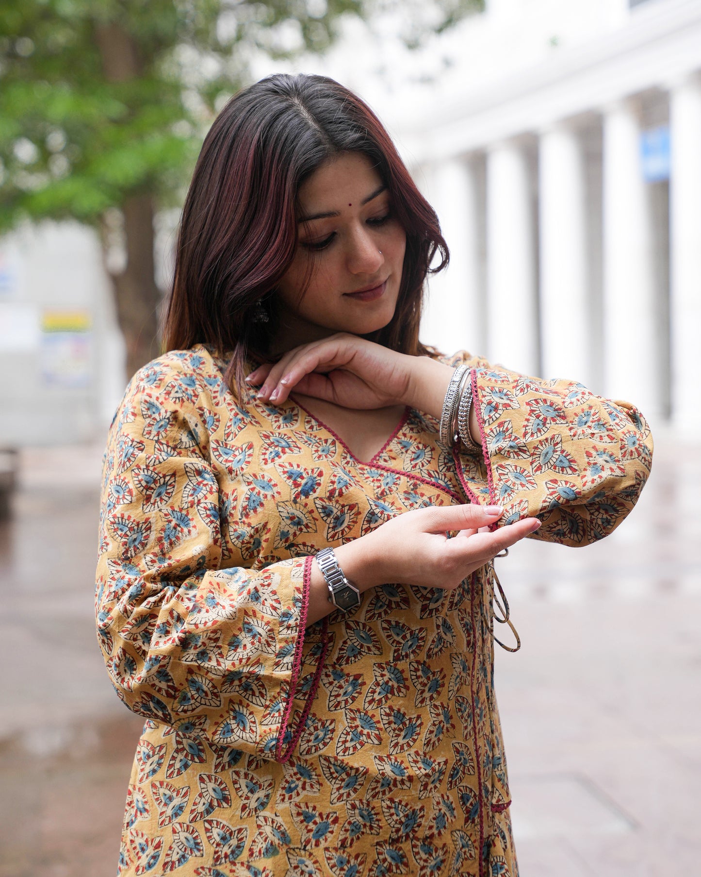 Handblock Kalamkari Mustard Angrakha Kurta