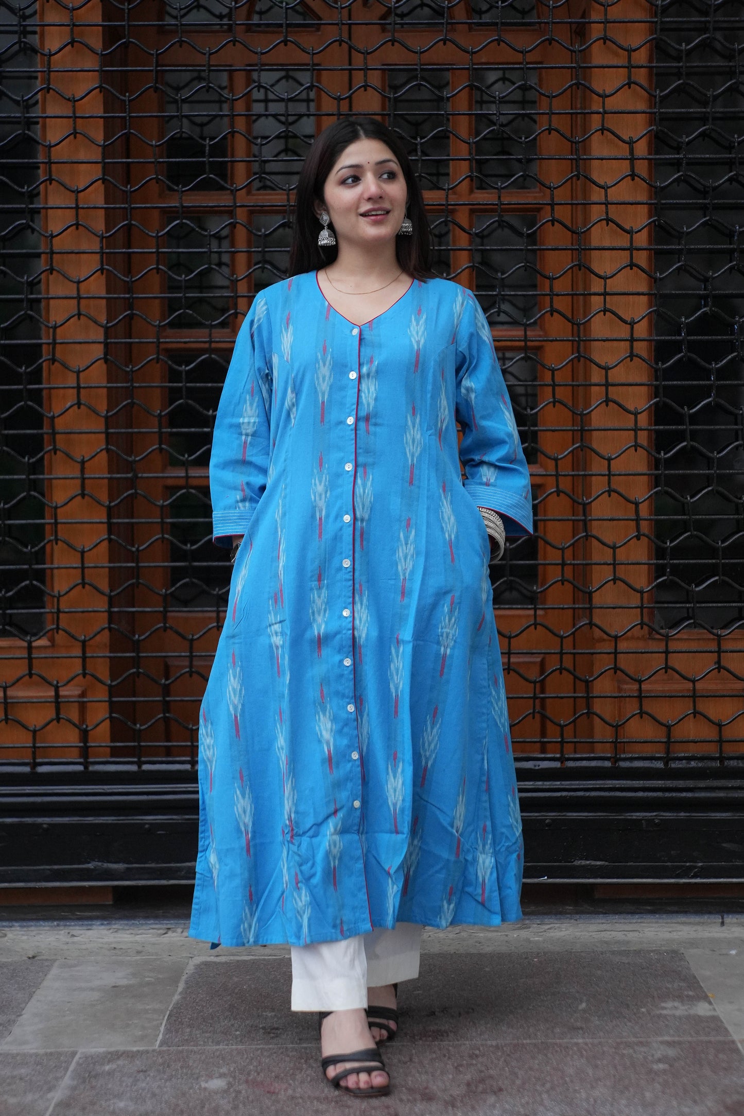 Sky Blue Handloom Ikat Front Open A-Line Kurta
