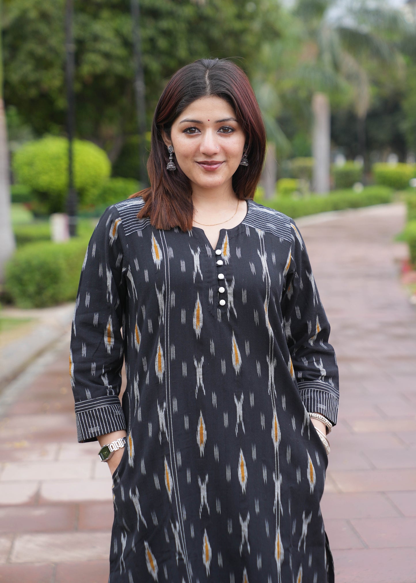 Black Handloom Ikat A-Line Kurta with Round V Neck & Loop Buttons