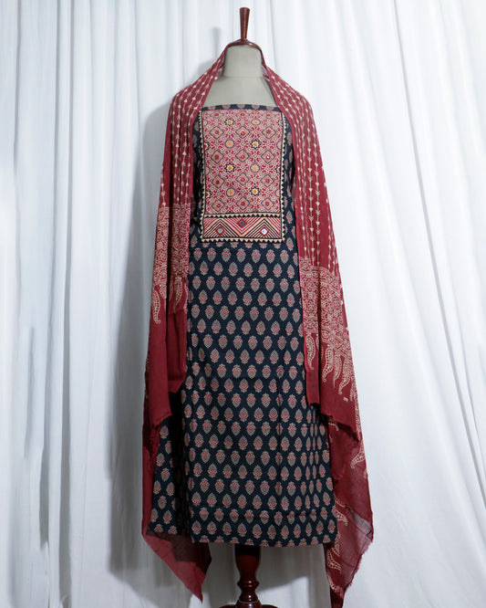 Mirror worked Ajrakh Handprinted Maroon & Black cotton Suit set with mul-mul dupatta
