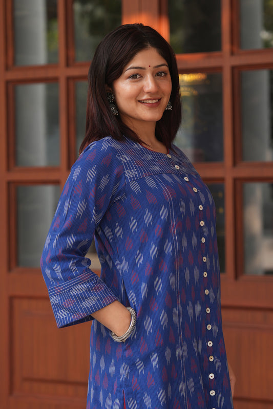 Blue Handloom Ikat Cotton Kurta for Women – Soft, Breathable & Everyday Wear