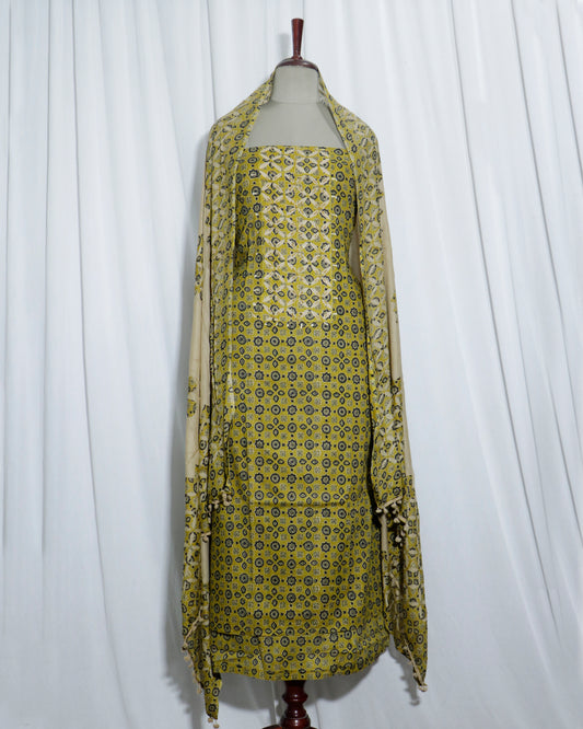 Ajrakh applique Printed Mustered Cotton 3 Piece Suit Set with mul-mul dupatta