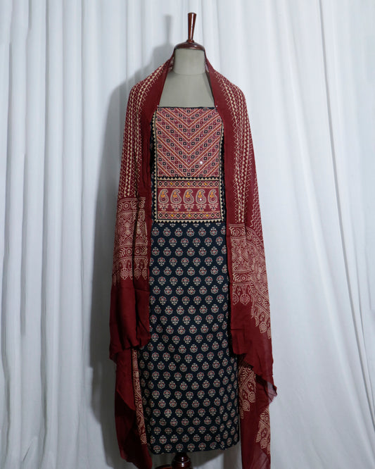 Mirror worked Ajrakh Handprinted cotton Suit set with mul-mul dupatta