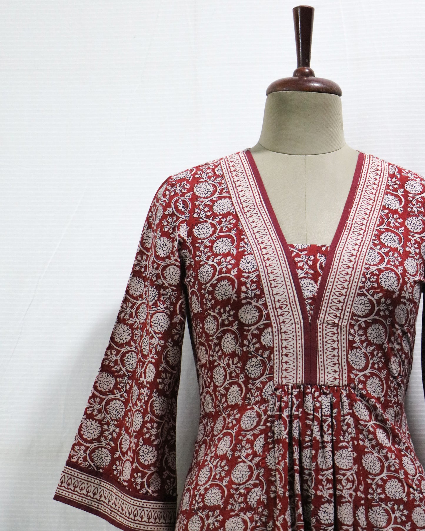Maroon- Bagh handprinted dress with bell sleeves & pocket both side