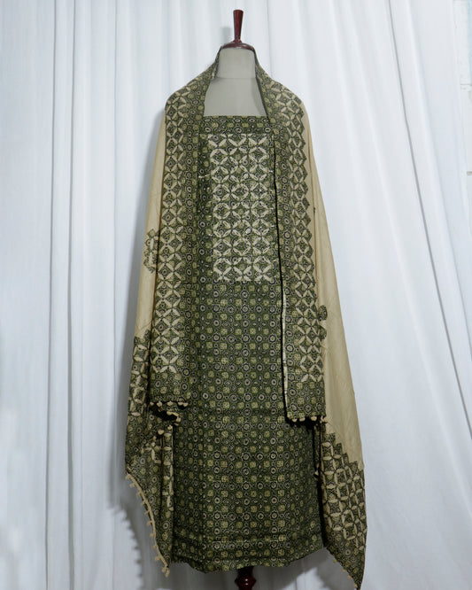 Ajrakh applique Printed Cotton 3 Piece Suit Set with mul-mul dupatta