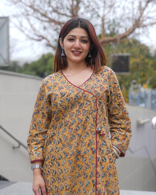 Handblock Kalamkari Mustard Angrakha Kurta