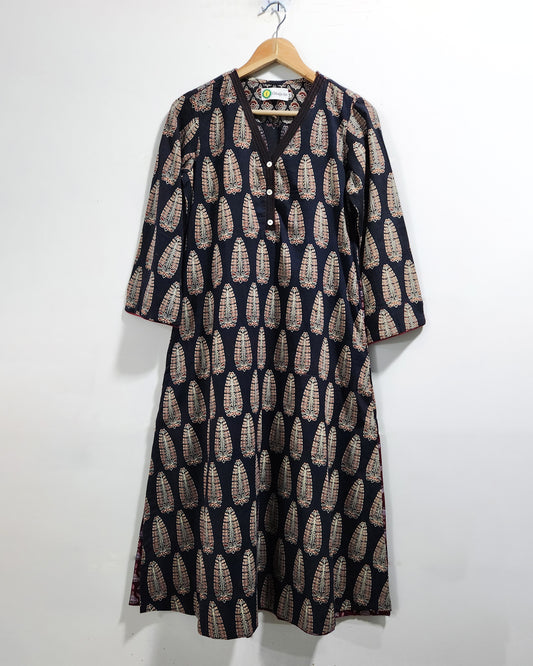 Black bahgh print A line kurti with pockets on both sides