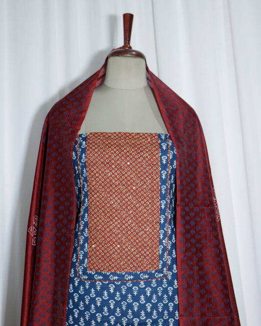 Indigo Handprinted 3 piece suit set with silk dupatta