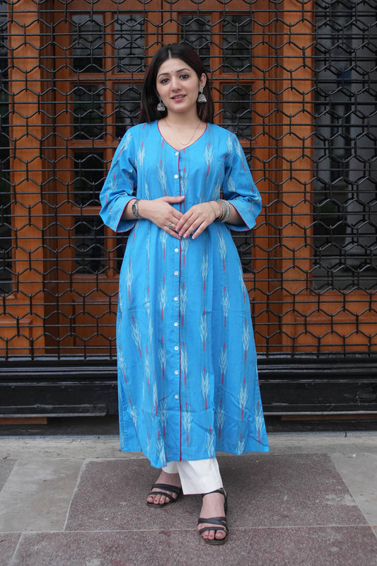 Sky Blue Handloom Ikat Front Open A-Line Kurta
