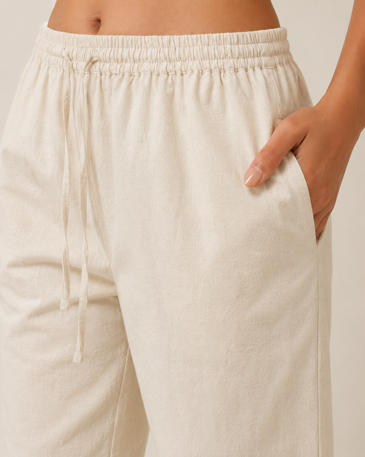 Ivory Cotton Linen Straight Fit Pants with Elastic Waist & Pockets