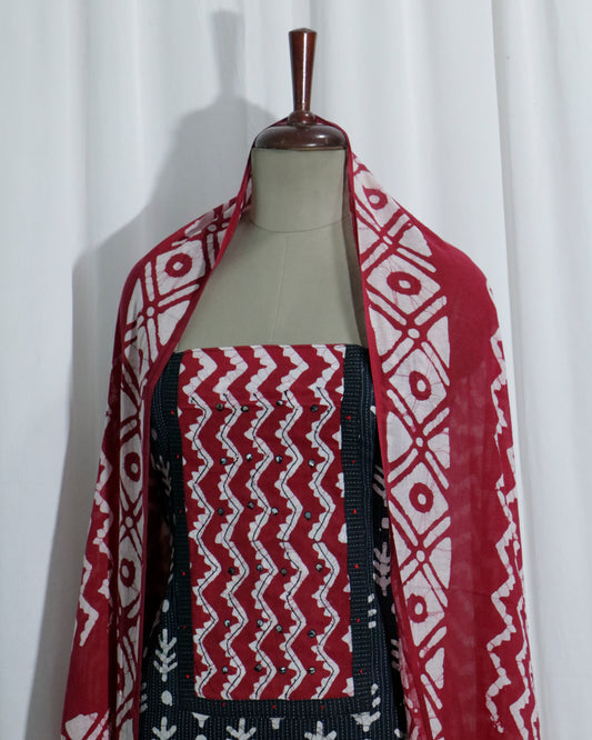 Batik Handprinted Kantha Stitched 3 piece suit set