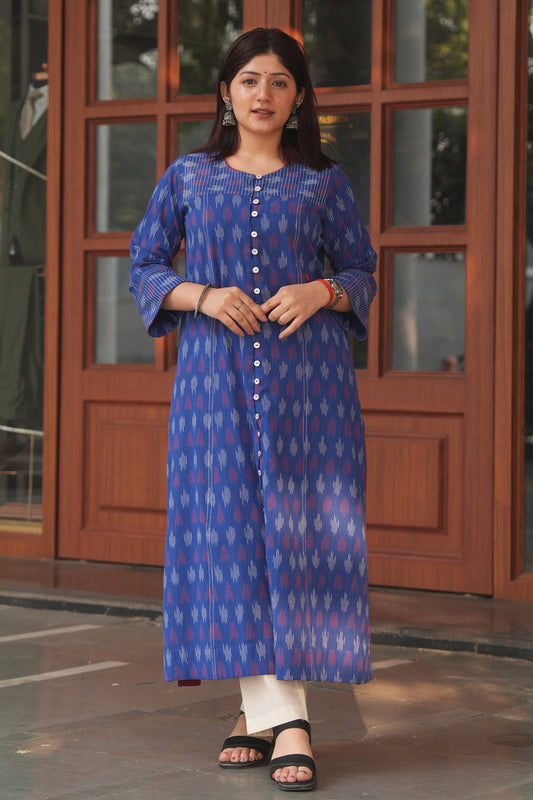 Blue Handloom Ikat Cotton Kurta for Women – Soft, Breathable & Everyday Wear