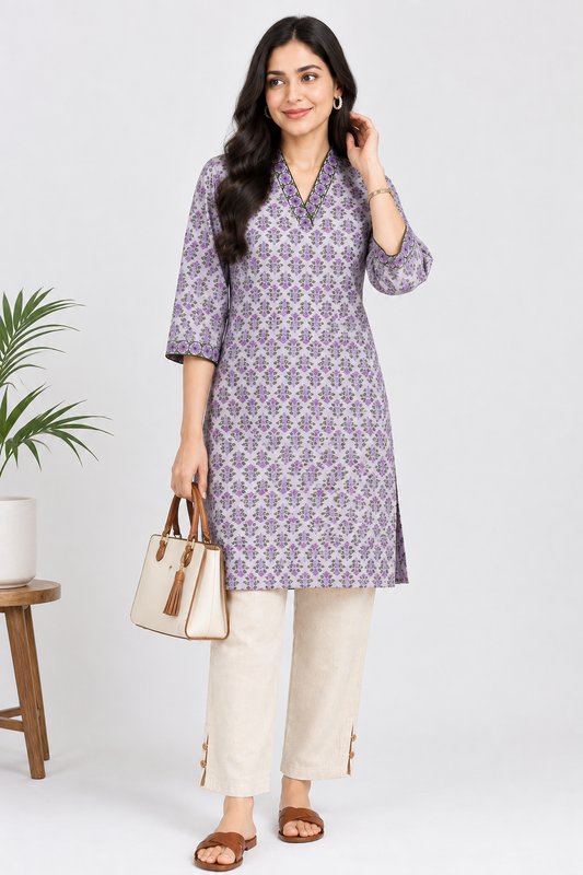 Sanganeri Handblock Printed Short Kurti – Halter Neck, 3/4th Sleeves