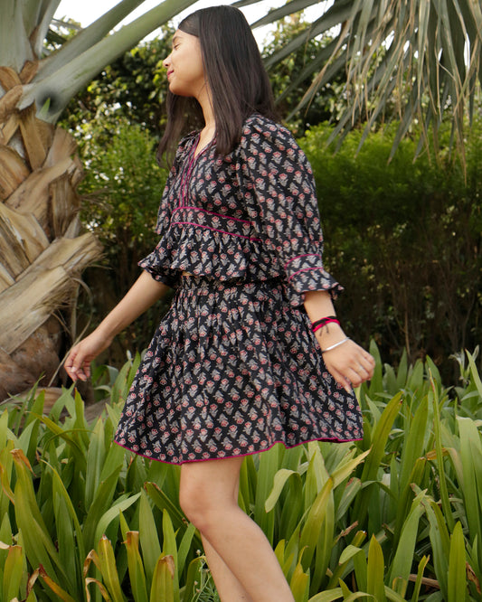 Sarah, Ajrakh Printed Cotton Black Skirt and Top Set