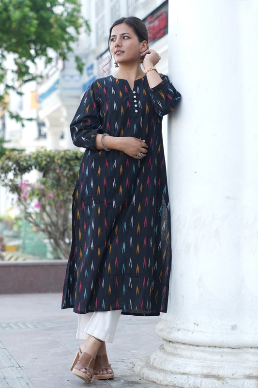 Handloom Black Ikat Straight Kurta for Women – Multicolor Woven Cotton Kurta