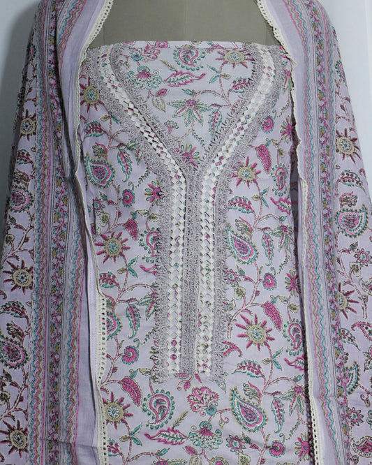 Qureshia Lace Printed cotton 3 piece suit set with mul-mul dupatta