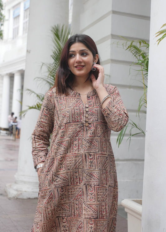 Handblock Kalamkari Print Cotton A-Line Kurta in Brown with Wooden Buttons
