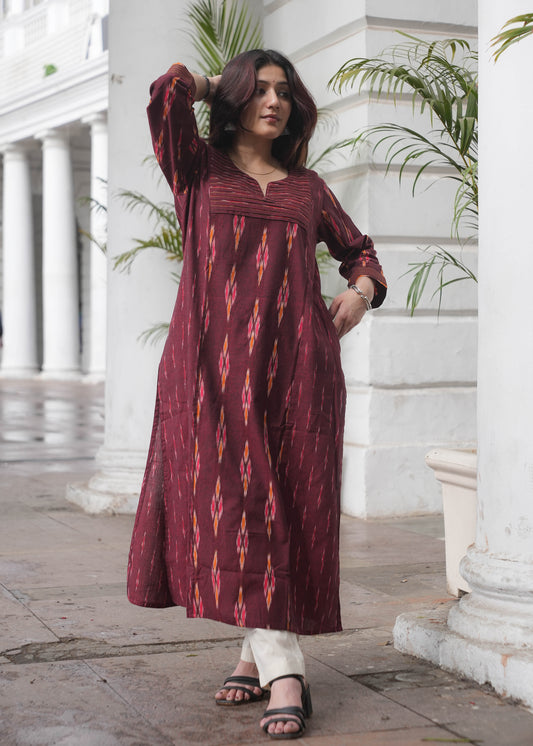 Maroon Handloom Ikat Princess Cut Kurta with Dual Print Design & Side Pockets