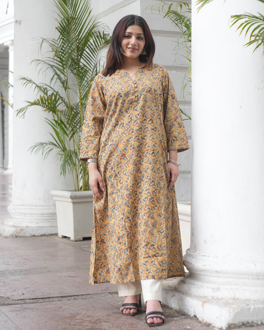 Handblock kalamkari Leaf Print Cotton Kurta – Mustard Ethnic Everyday Wear
