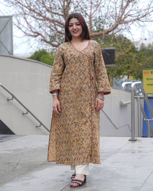 Handblock Kalamkari Mustard Angrakha Kurta