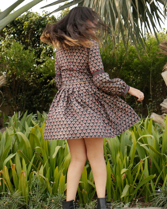 Meher, Ajrakh Printed Cotton Black Skirt and Top Set