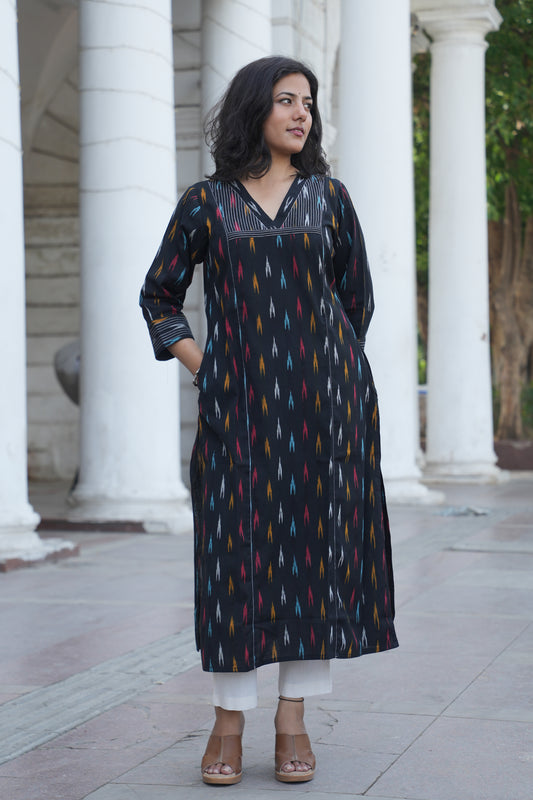 Black Handloom Ikat Cotton Kurta