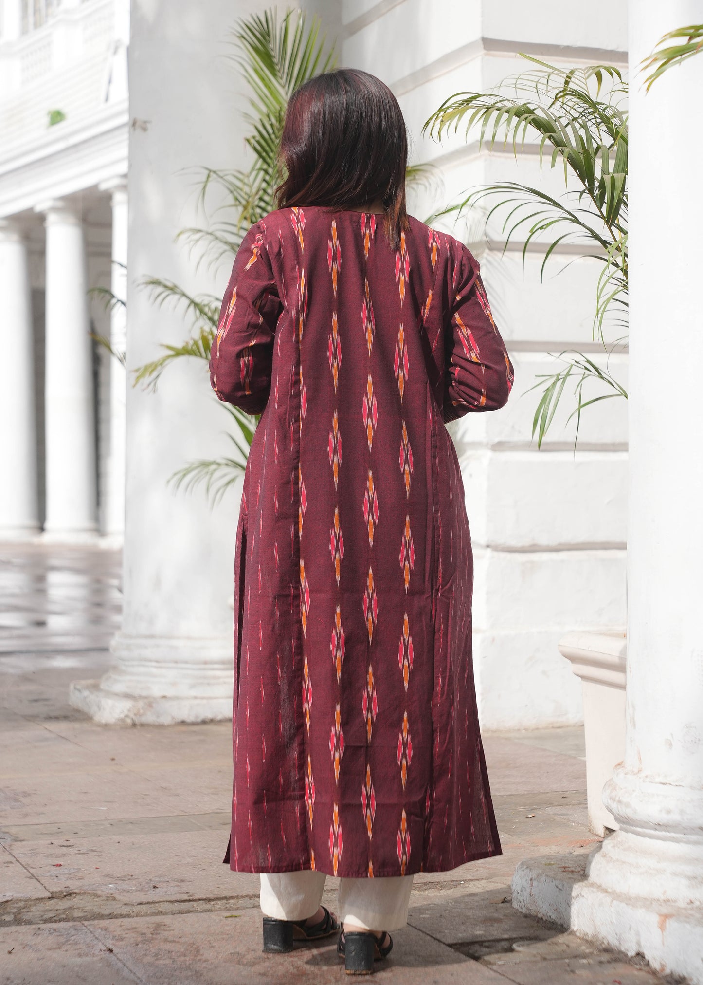 Maroon Handloom Ikat Princess Cut Kurta with Dual Print Design & Side Pockets