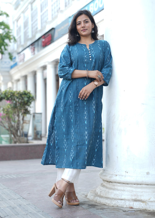 Ocean Blue Handwoven Ikat Cotton Straight Kurta