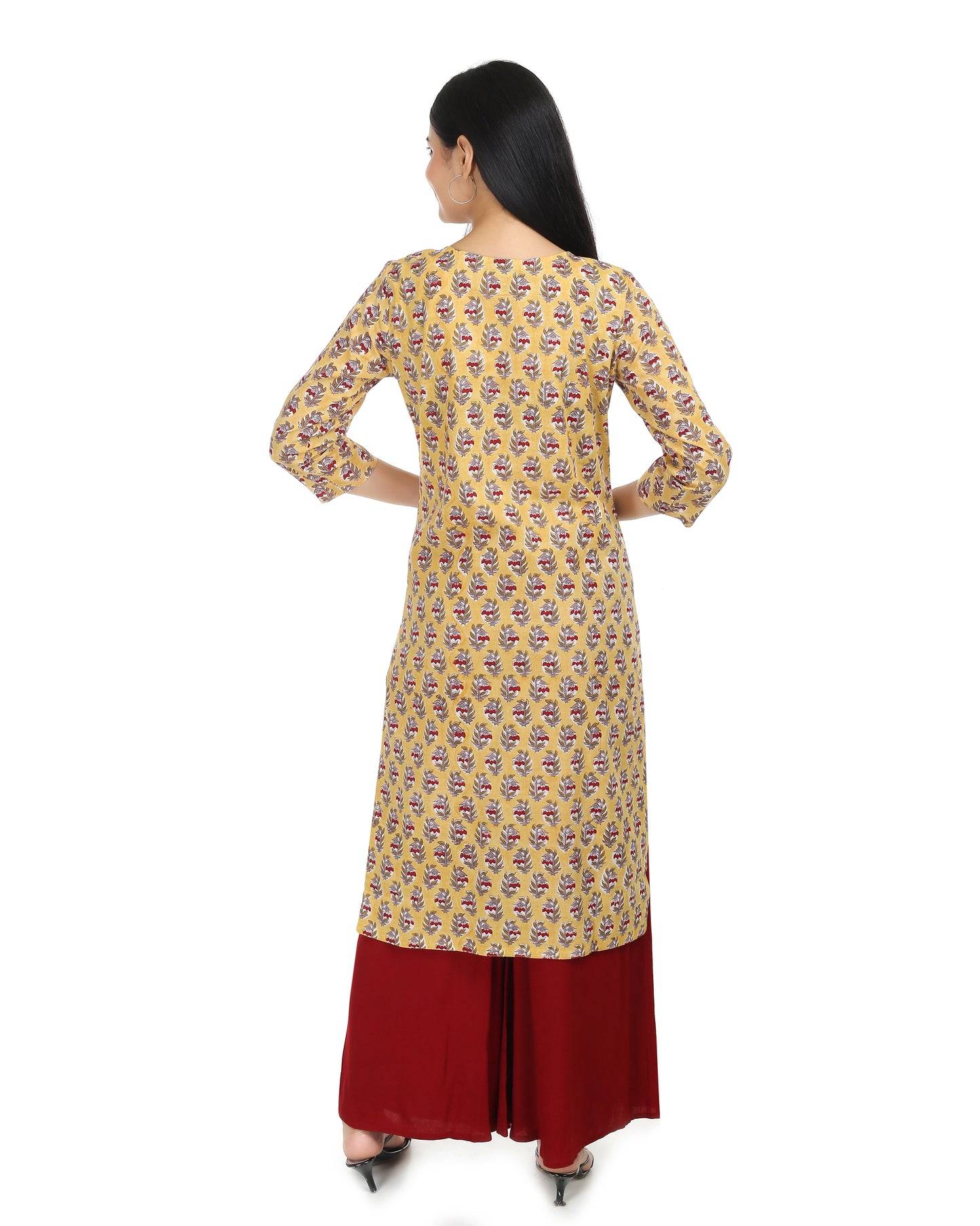 Mustard coloured cotton handblocked straight fit cotton kurta