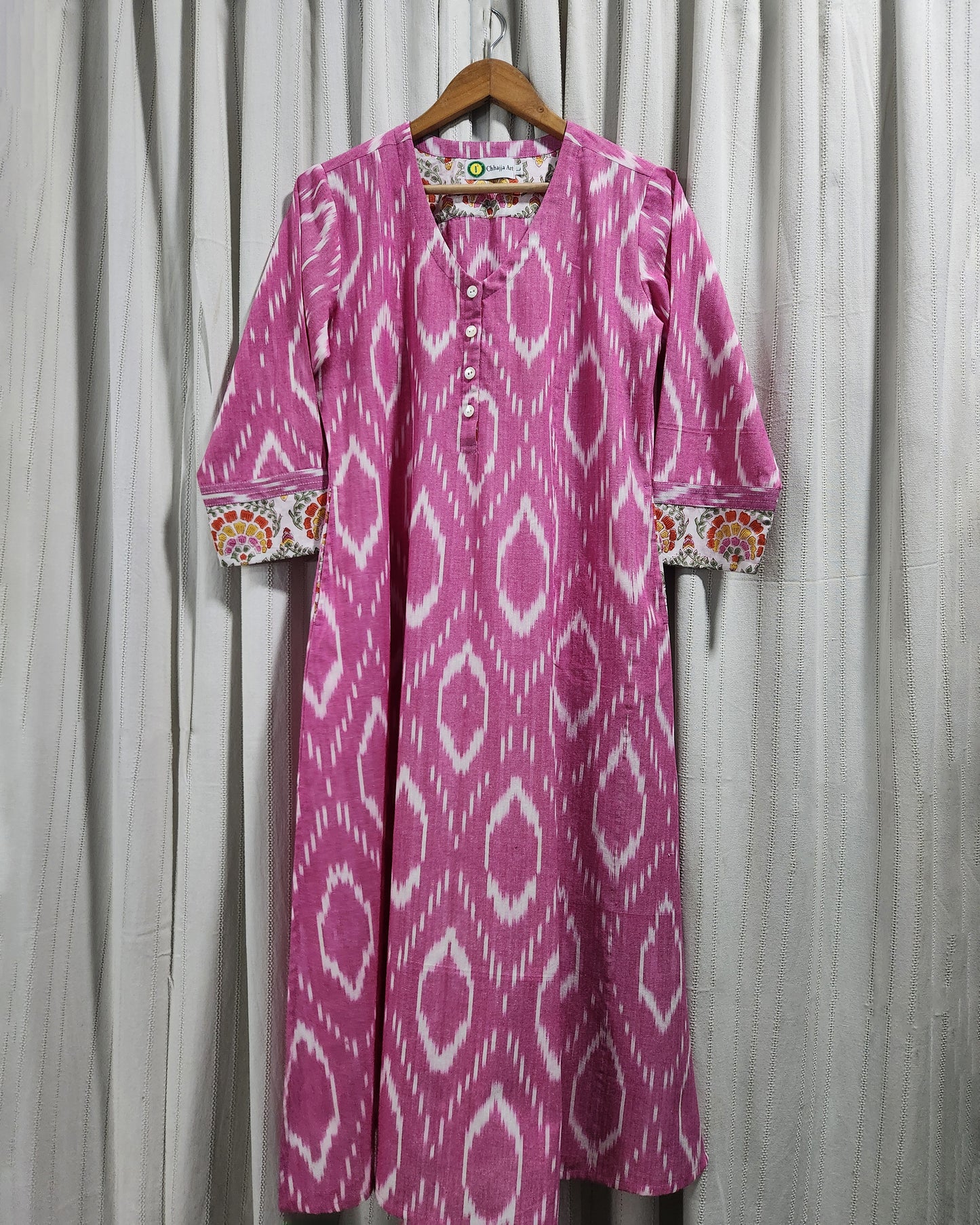 Handwoven Pink Ikat A-Line Kurta with Princess Cut & Side Pockets