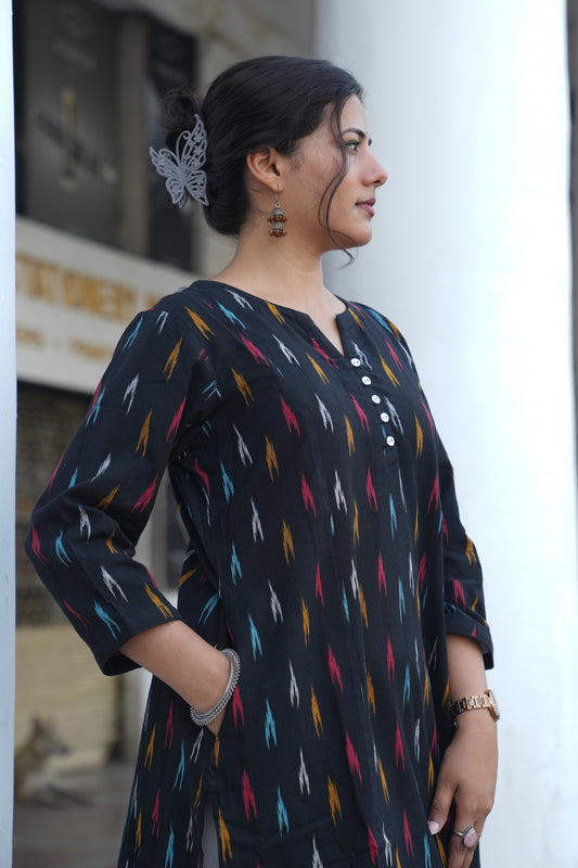 Handloom Black Ikat Straight Kurta for Women – Multicolor Woven Cotton Kurta