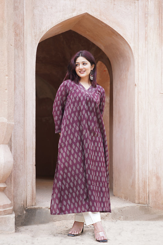 Wine Ikat Handwoven Cotton Kurta with Bell Sleeves