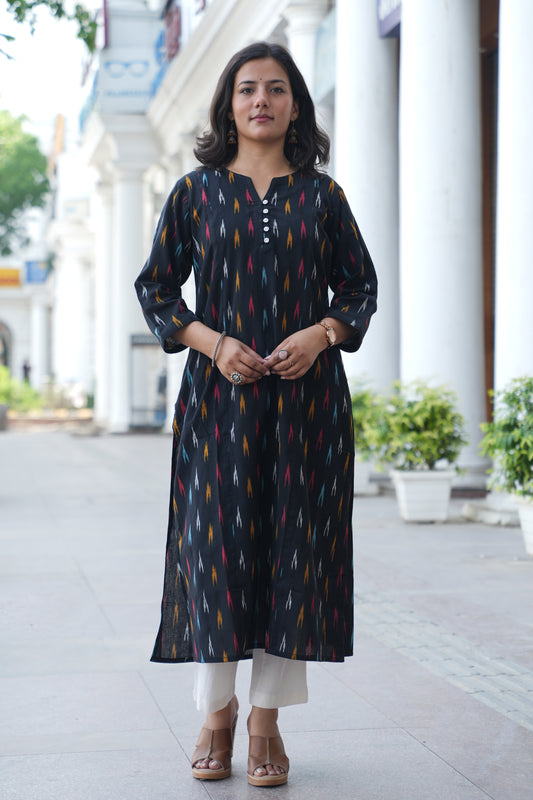 Handloom Black Ikat Straight Kurta for Women – Multicolor Woven Cotton Kurta
