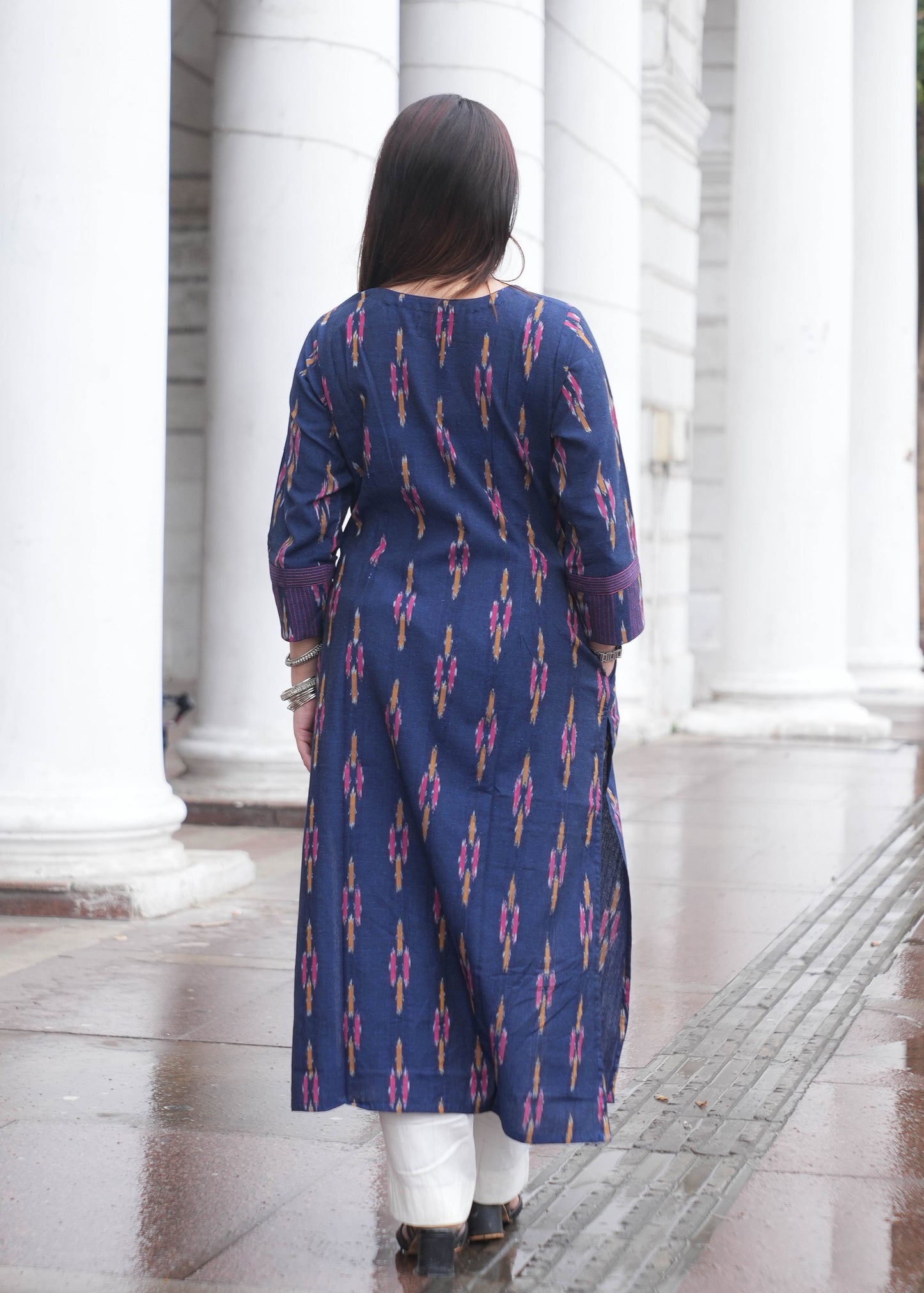 Indigo Handloom Ikat A-Line Kurta with Button Neck & Side Pockets