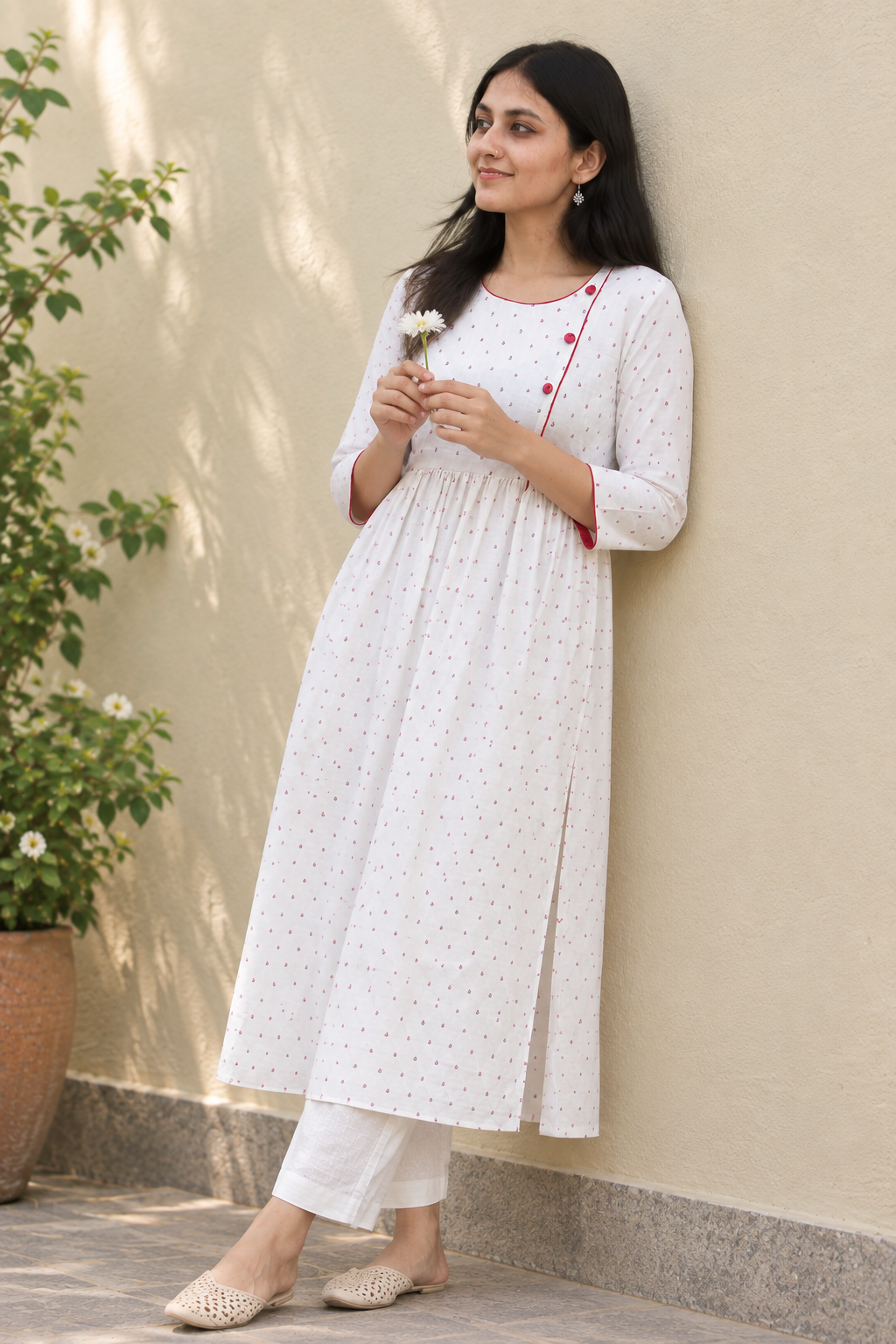 White Floral Cotton Mul-Mul Handprinted Dress for Women