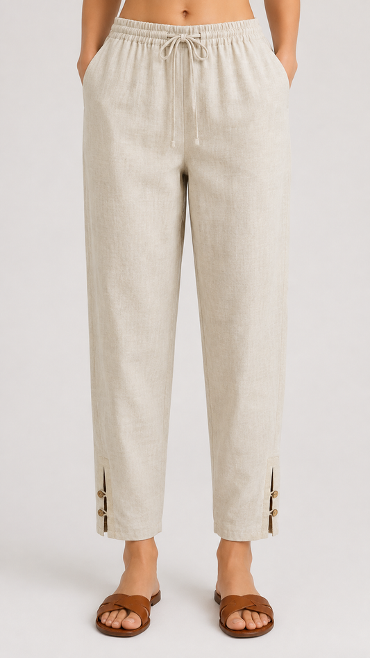 Beige Linen Button-Slit Pants