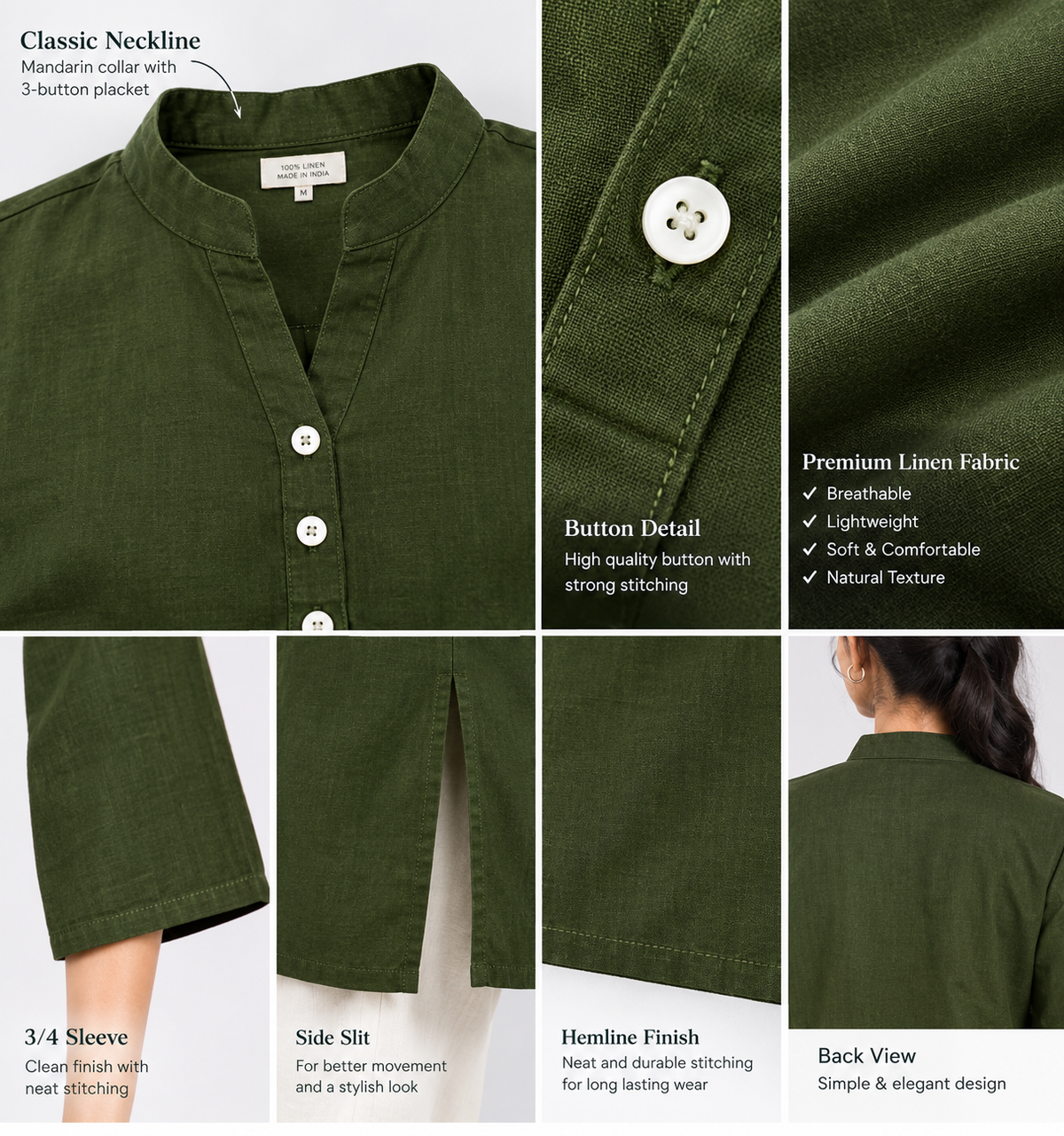 Lilen Short Kurta with Kurta Patti & Shell Buttons