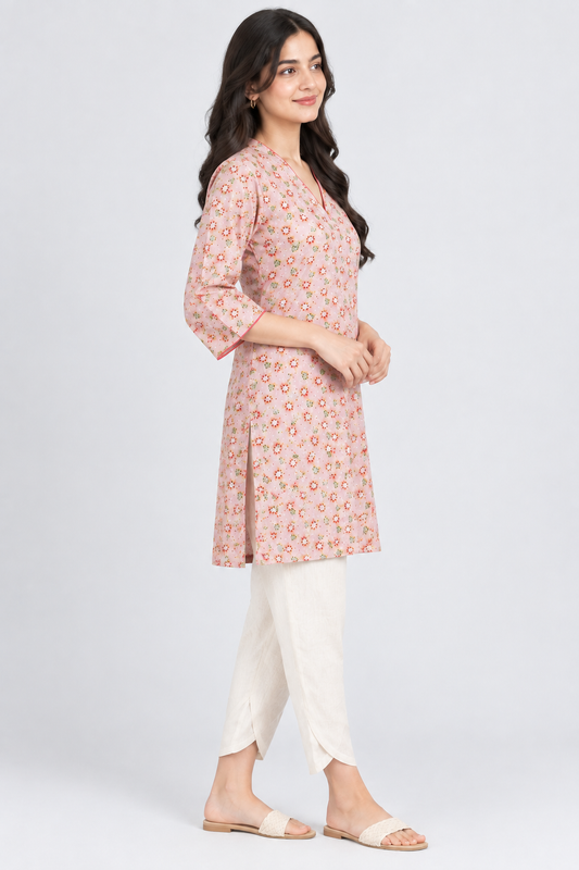 Pink Floral Handblock Printed Cotton Kurta – V Neck, 3/4 Sleeves
