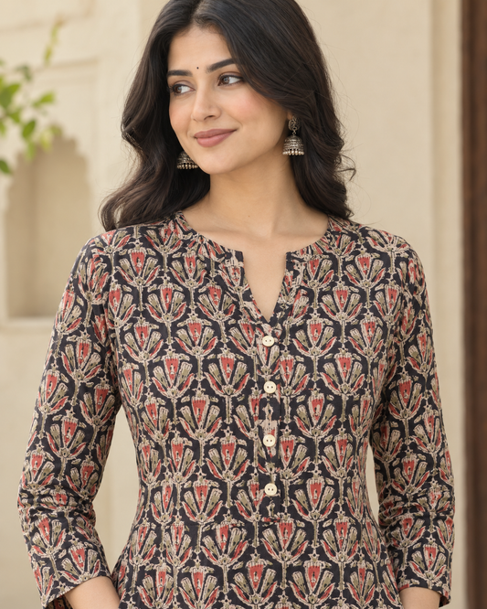 Black Handprinted Kalamkari Cotton Calf-Length Dress