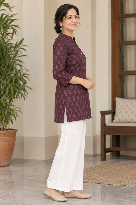 Handwoven Wine Ikat Short Kurta with Shell Button Detailing